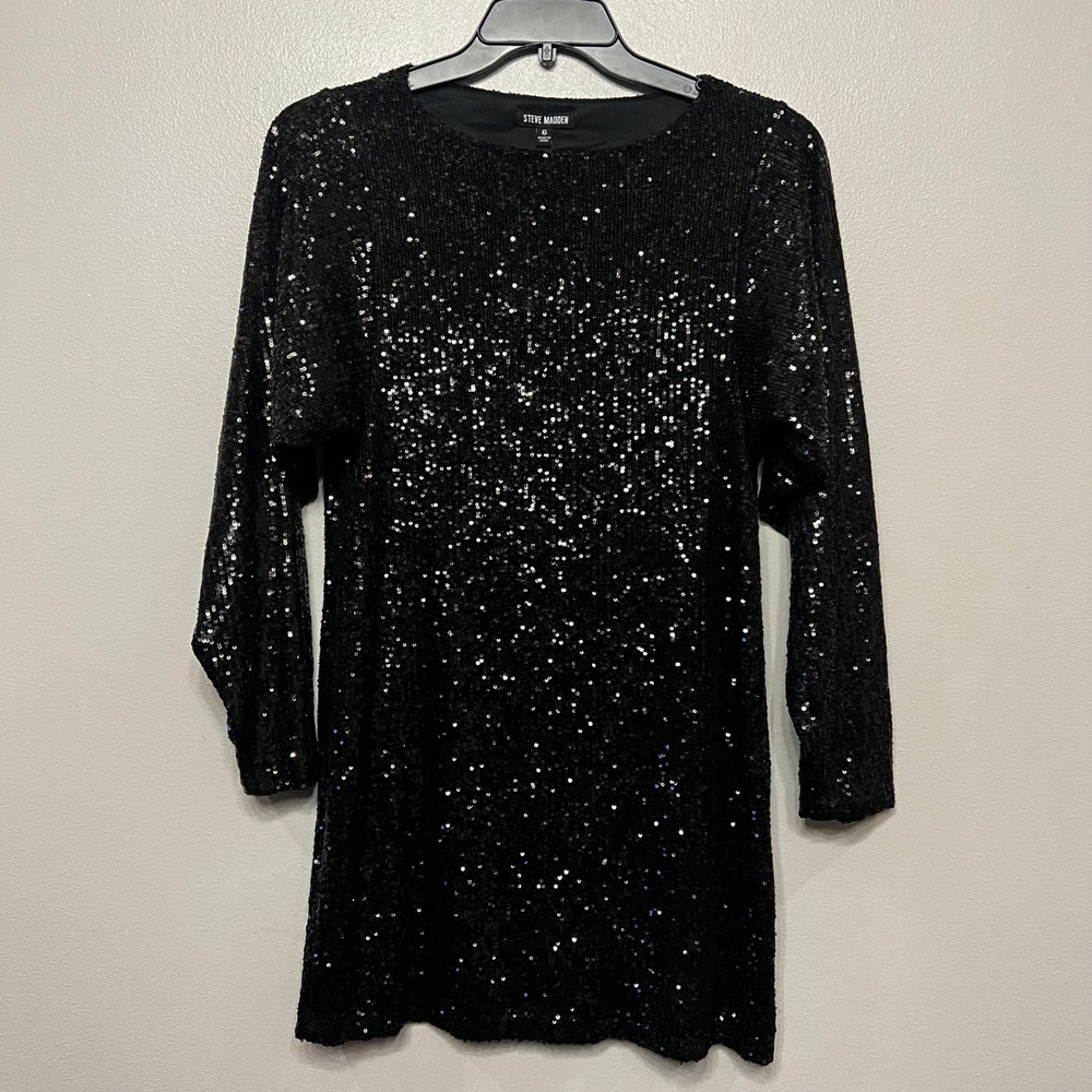 Steve Madden Black Sequin Mini Dress Long Sleeve Party Shift Womens 6 Sparkle